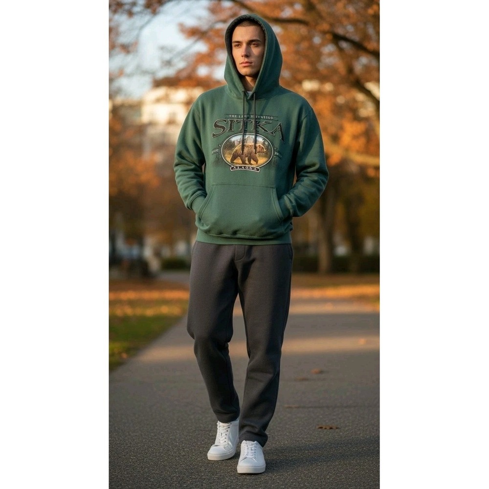 Sitka Alaska The Last Frontier Hoodie Mens XL Grizzly Bear Forest Green Fleece
